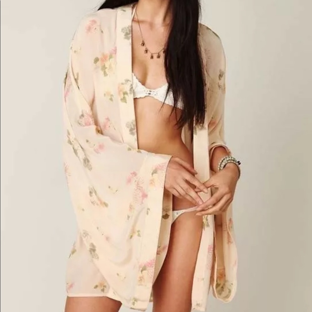 ONE TEASPOON Free People “Hawaiian” floral silk kimono open front boho top AUS 8